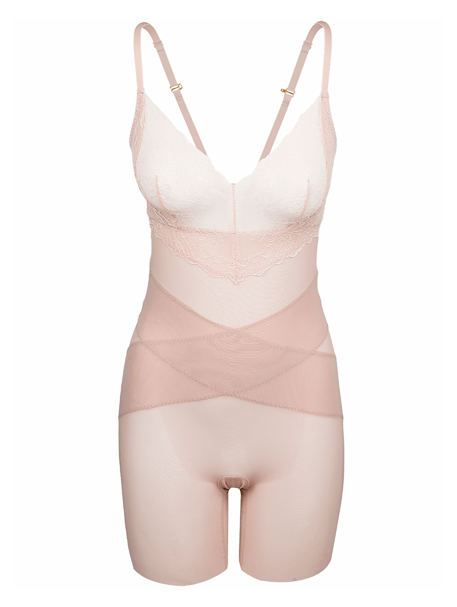 Body Modelador Em Tule E Renda Bege Ballet