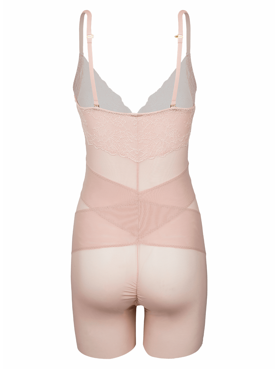 Body Modelador Em Tule E Renda Bege Ballet