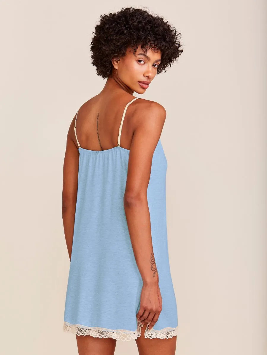 Camisola Alças Finas Em Viscose E Renda Moon Azul Tule